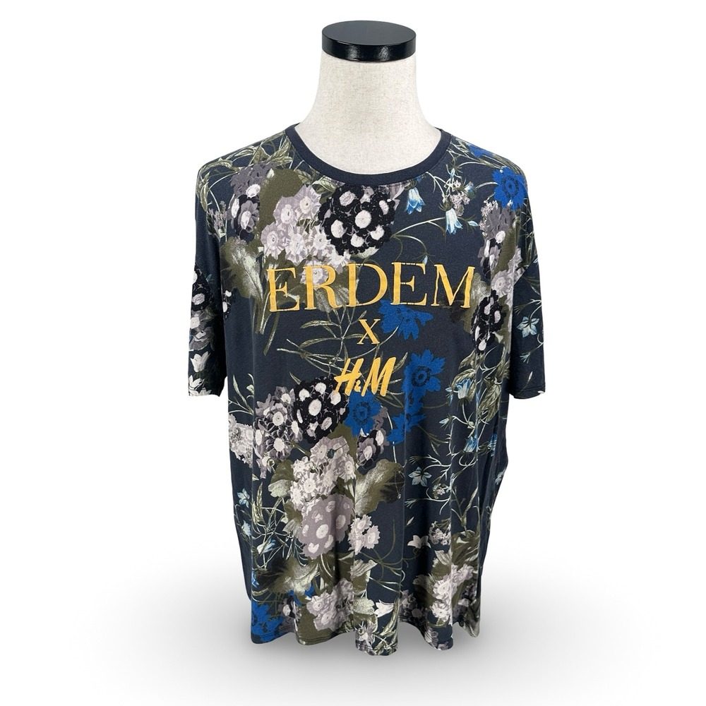 Erdem x HM Mens XXL Floral Print Graphic T-Shirt Black Blue Gold Logo 05737036